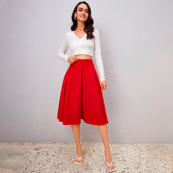 Solid High Waist Flared Skirt