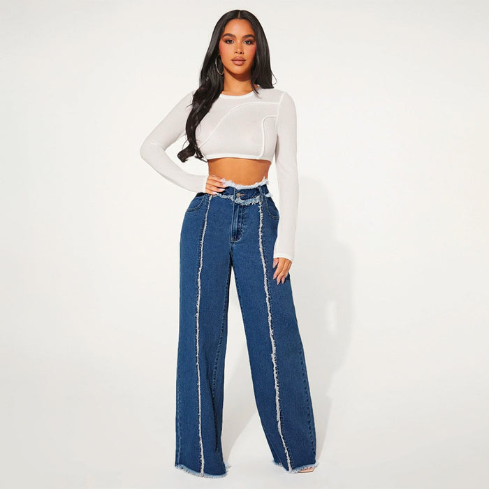 High Waist Frayed Trim Wide Leg Jeans