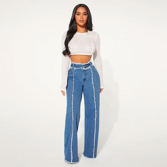 High Waist Frayed Trim Wide Leg Jeans