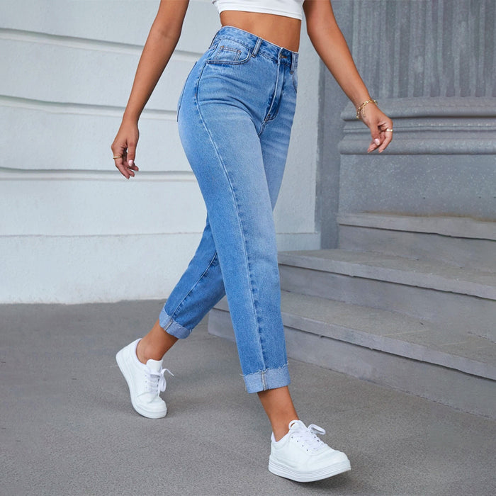 High Waist Bleach Wash Roll Hem Mom Fit Jeans