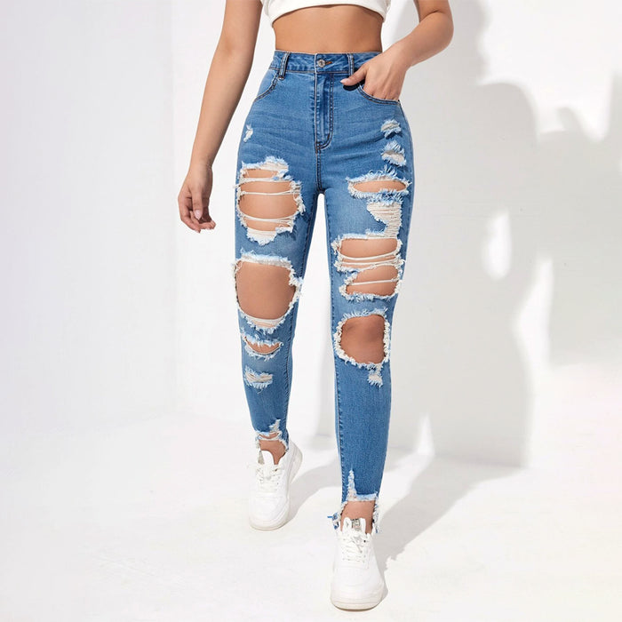 High Waisted Ripped Raw Hem Cutout Skinny Jeans