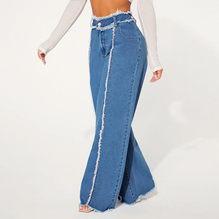 High Waist Frayed Trim Wide Leg Jeans