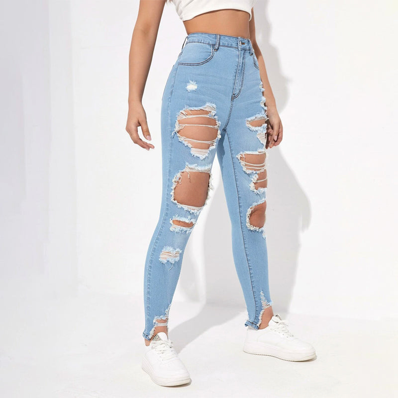 High Waisted Ripped Raw Hem Cutout Skinny Jeans