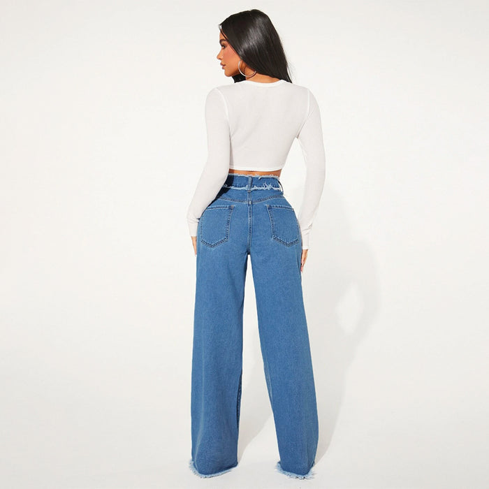 High Waist Frayed Trim Wide Leg Jeans