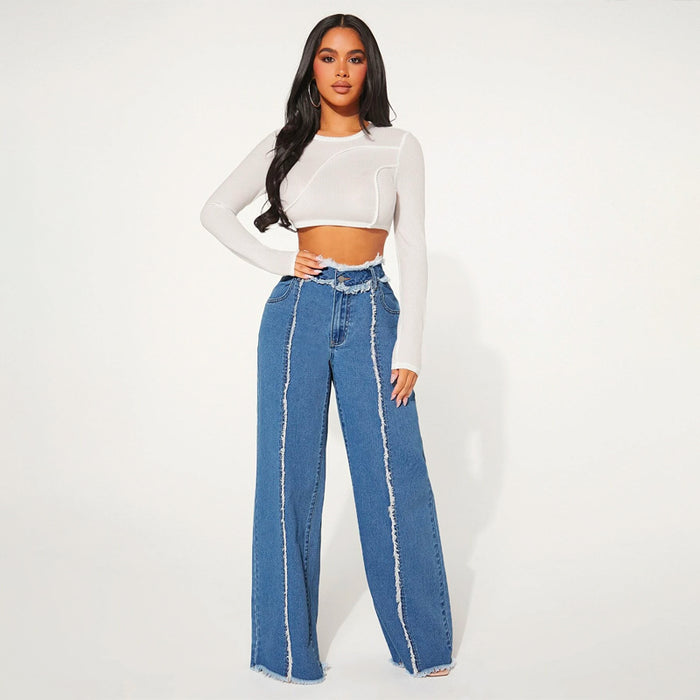 High Waist Frayed Trim Wide Leg Jeans