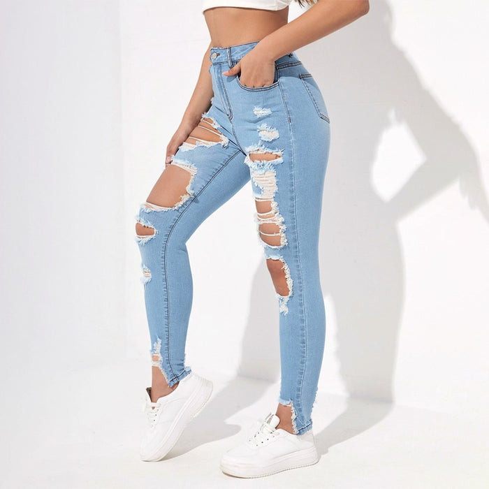 High Waisted Ripped Raw Hem Cutout Skinny Jeans