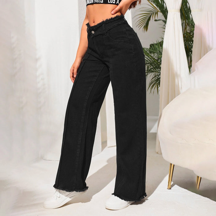 High Waist Frayed Trim Wide Leg Jeans