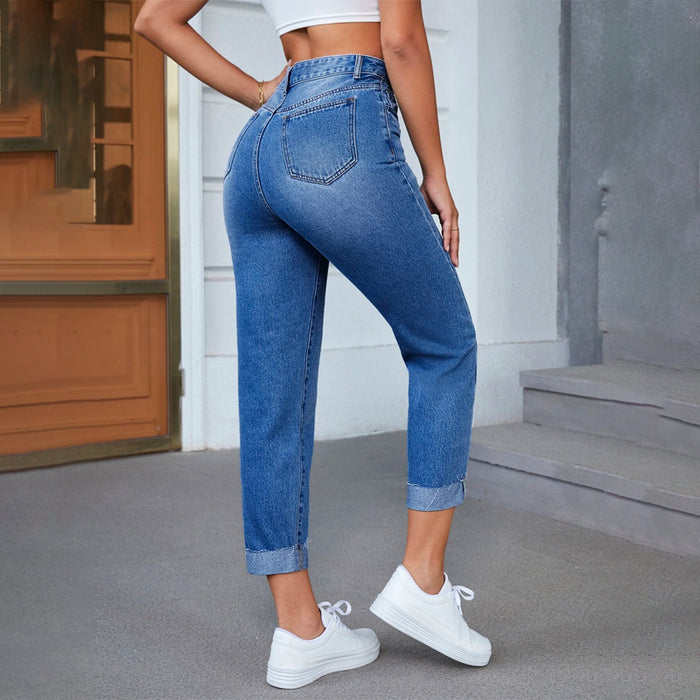 High Waist Bleach Wash Roll Hem Mom Fit Jeans