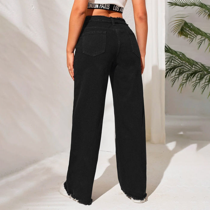 High Waist Frayed Trim Wide Leg Jeans