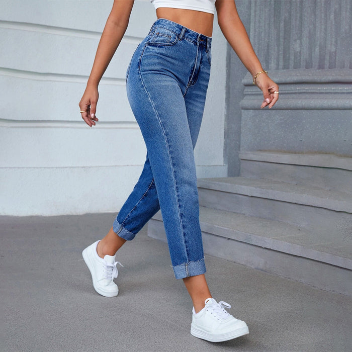 High Waist Bleach Wash Roll Hem Mom Fit Jeans