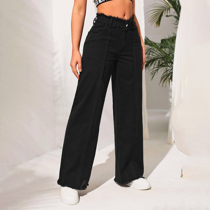 High Waist Frayed Trim Wide Leg Jeans