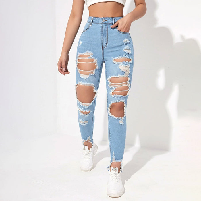 High Waisted Ripped Raw Hem Cutout Skinny Jeans