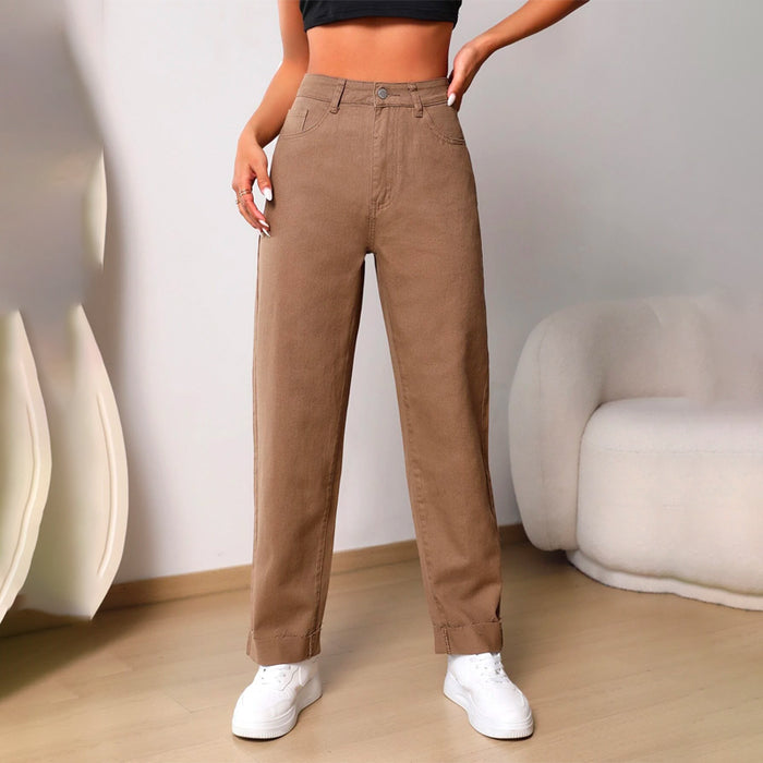 High Waist Bleach Wash Roll Hem Mom Fit Jeans