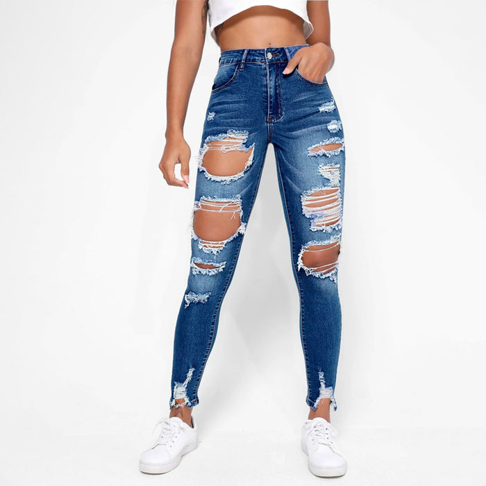 High Waisted Ripped Raw Hem Cutout Skinny Jeans