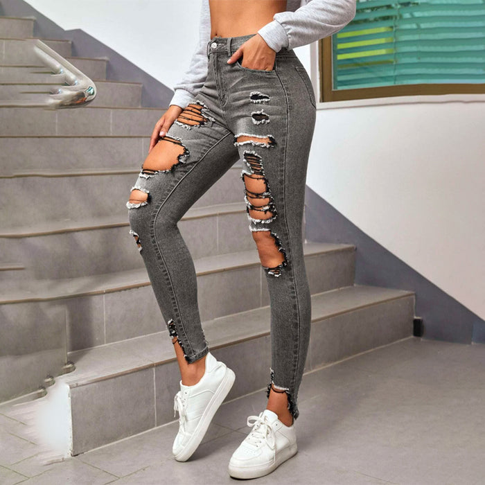 High Waisted Ripped Raw Hem Cutout Skinny Jeans