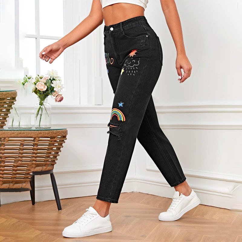 Letter & Cartoon Graphic Ripped Mom Fit Jeans