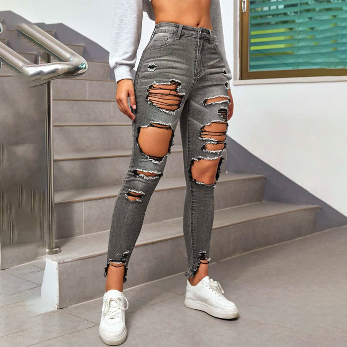 High Waisted Ripped Raw Hem Cutout Skinny Jeans