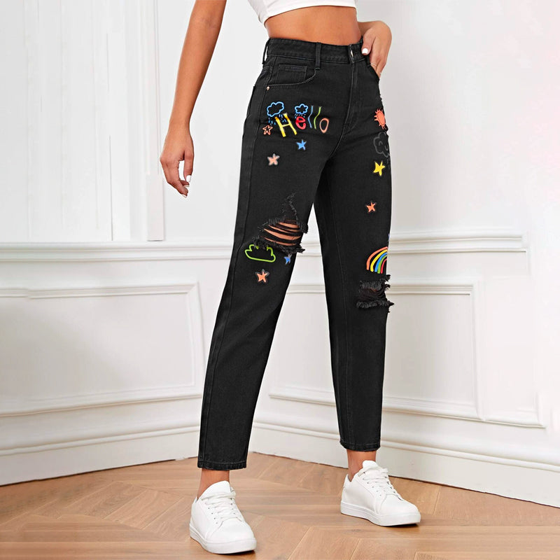 Letter & Cartoon Graphic Ripped Mom Fit Jeans