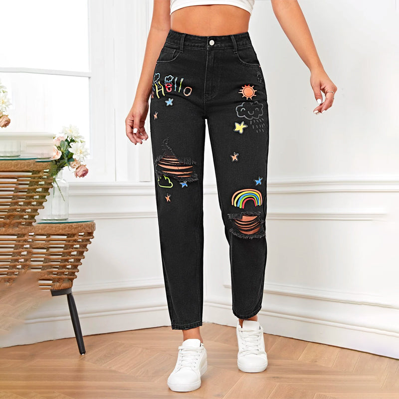 Letter & Cartoon Graphic Ripped Mom Fit Jeans