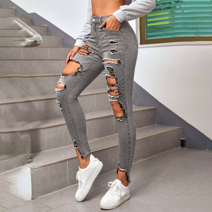 High Waisted Ripped Raw Hem Cutout Skinny Jeans