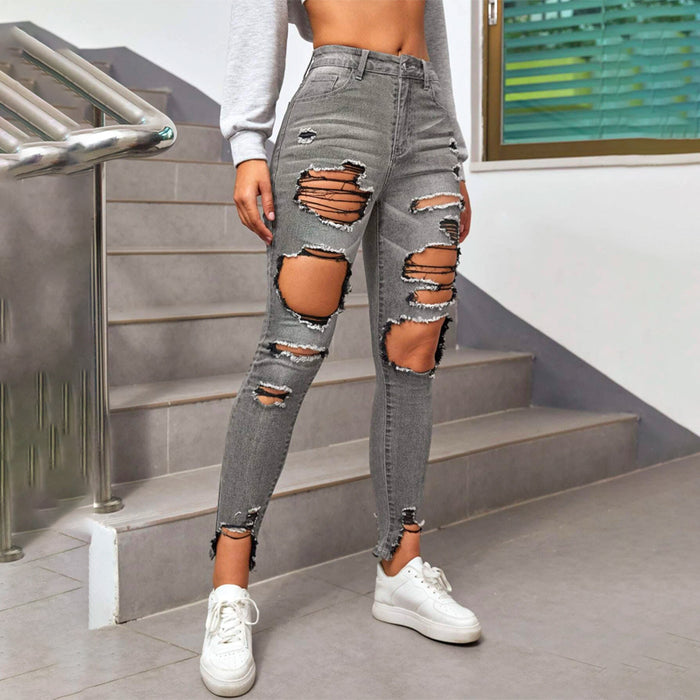 High Waisted Ripped Raw Hem Cutout Skinny Jeans