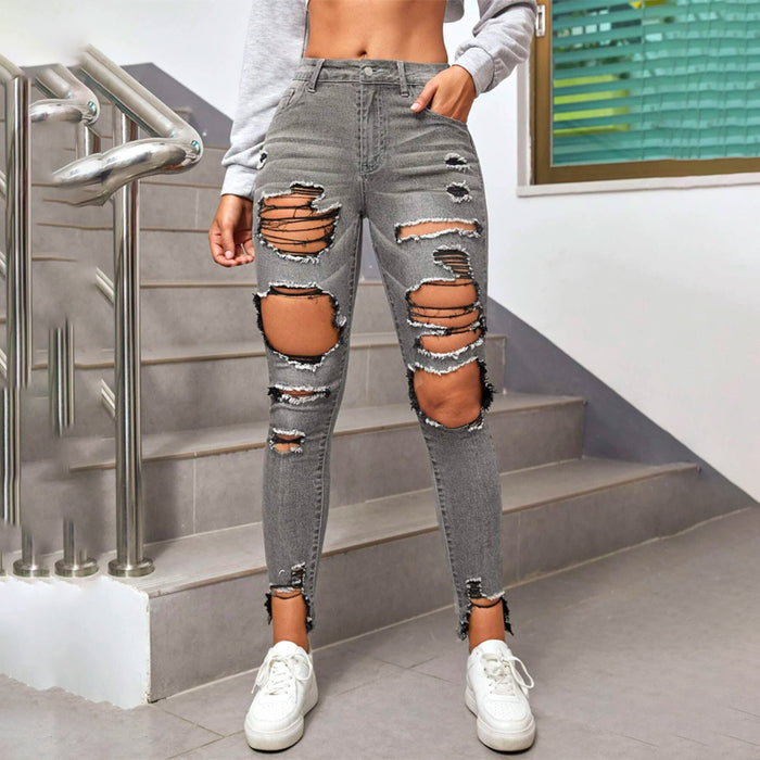 High Waisted Ripped Raw Hem Cutout Skinny Jeans