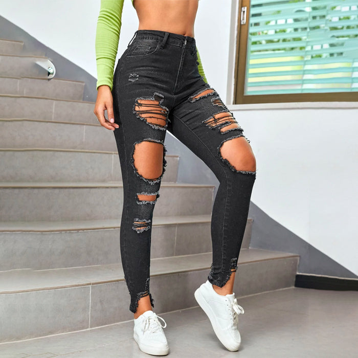 High Waisted Ripped Raw Hem Cutout Skinny Jeans