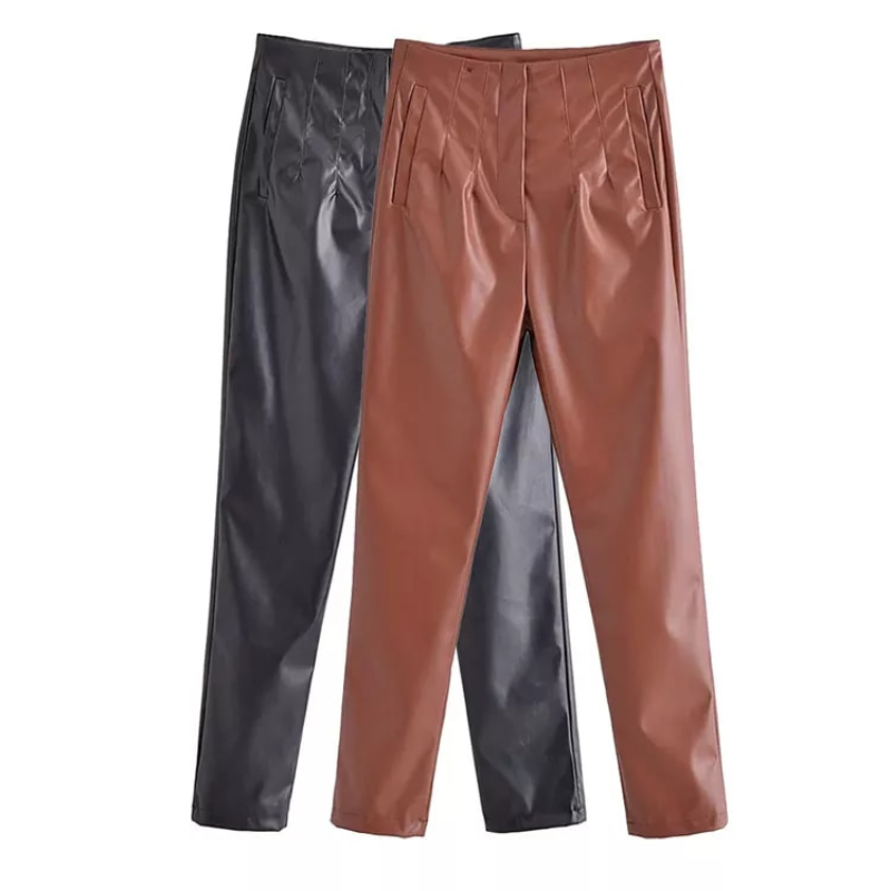 Vintage High Waist Solid Color Faux Leather Pants