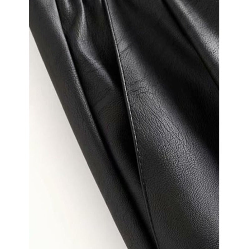 Black Elastic Waist PU Leather Pant