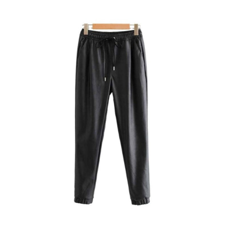 Black Elastic Waist PU Leather Pant