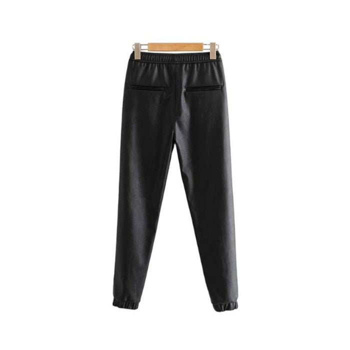 Black Elastic Waist PU Leather Pant