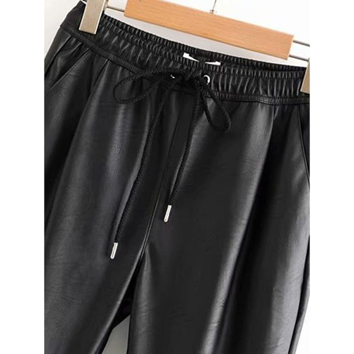 Black Elastic Waist PU Leather Pant