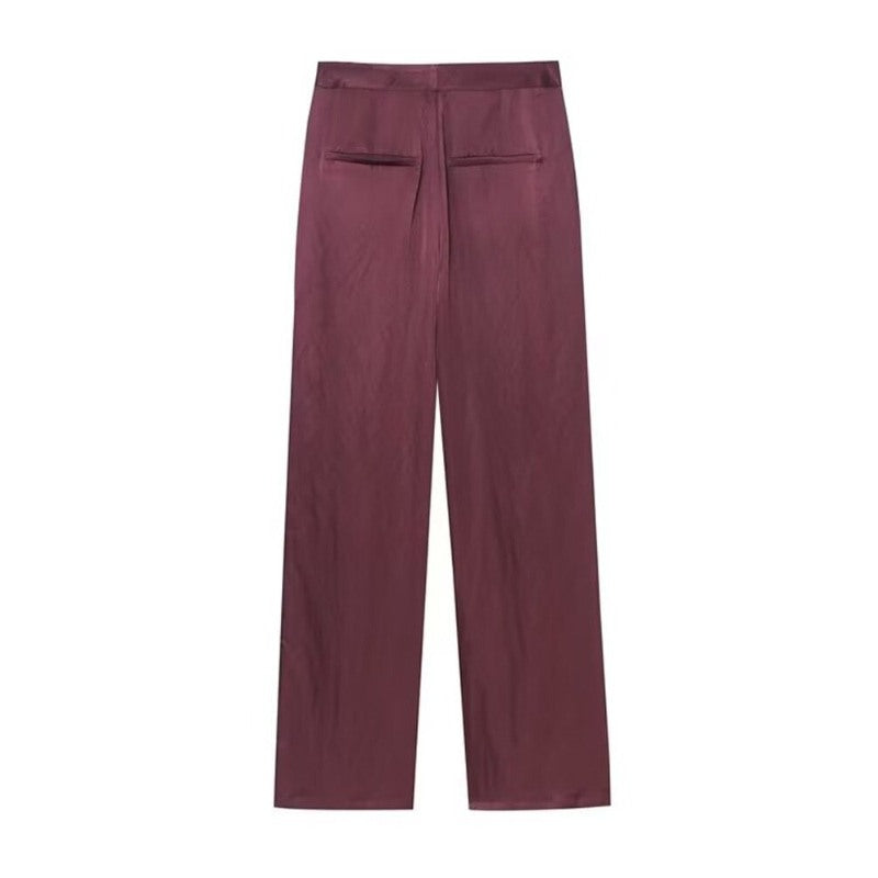 Casual Purple Full-Length Satin Pants
