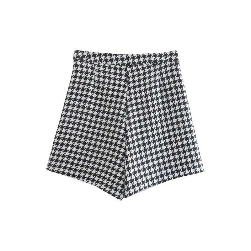 Women's Vintage Front Buttons Houndstooth Shorts