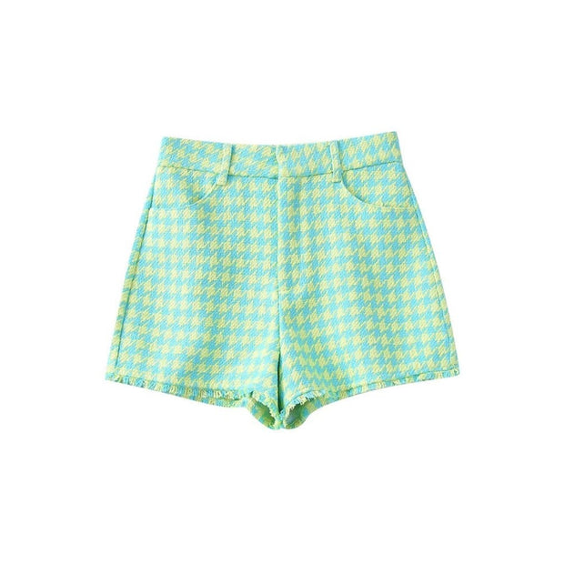 Vintage Front Pockets Frayed Hem Tweed Green Shorts