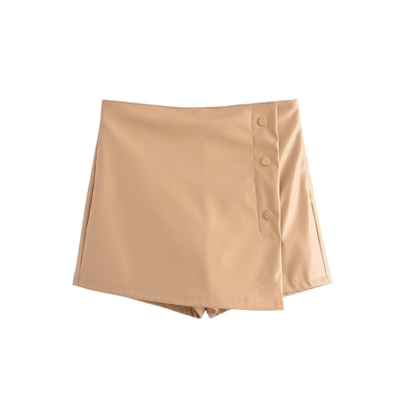 Women's Vintage Faux Leather Wrap Shorts Skirts With Gold Buttons