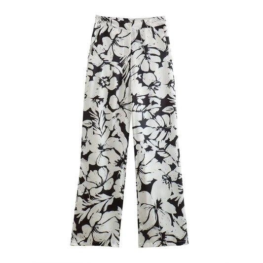 White Black Tropical Print Straight Pants