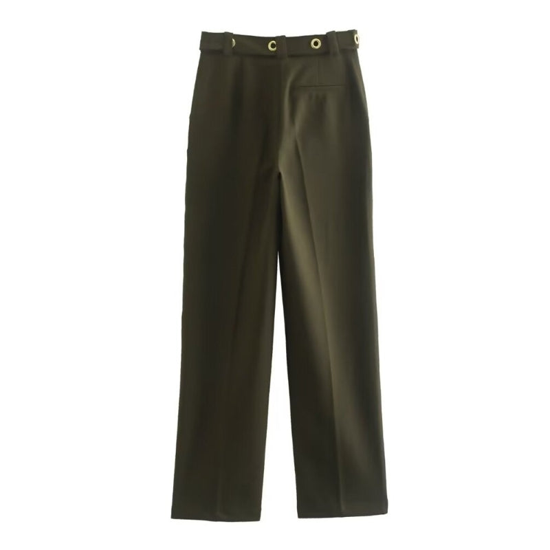 Green High Waist Straight Pant With Ring Belt