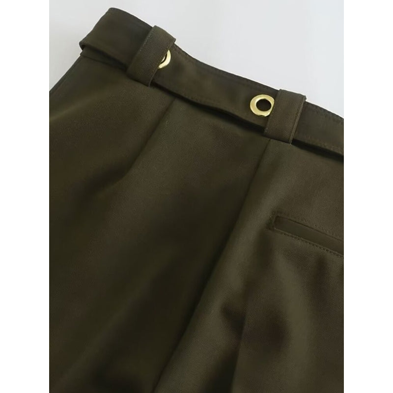 Green High Waist Straight Pant With Ring Belt