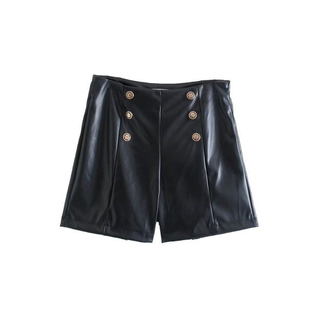 Women's High Waist Front Buttons Faux Leather Shorts