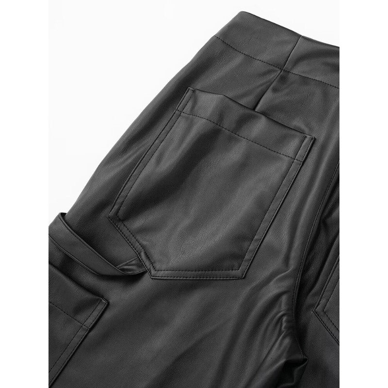 High Waist Black Faux Leather Cargo Pants