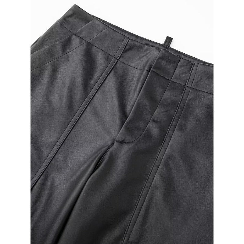 High Waist Black Faux Leather Cargo Pants