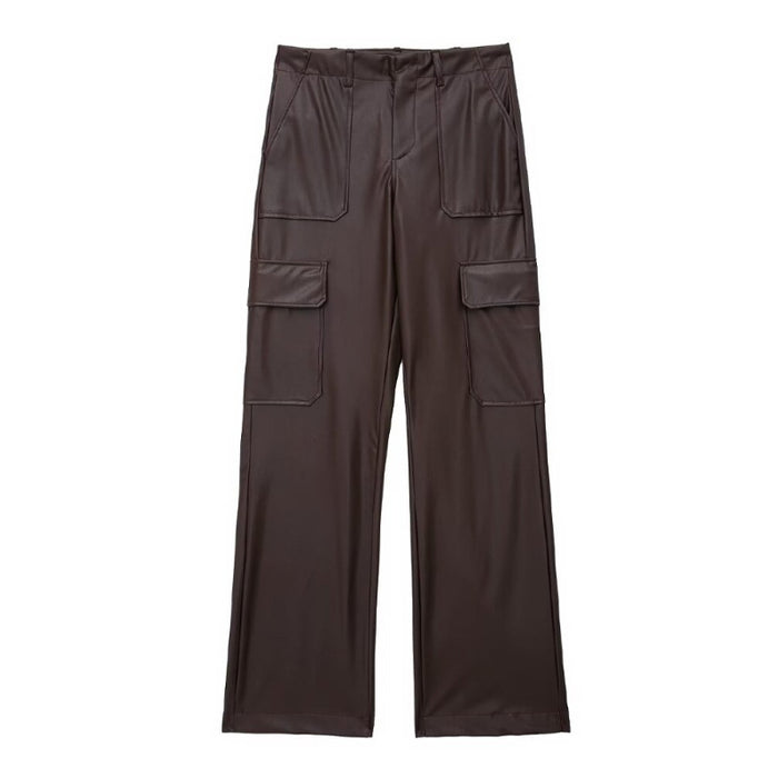 Faux Leather Vintage High Waist Cargo Pants