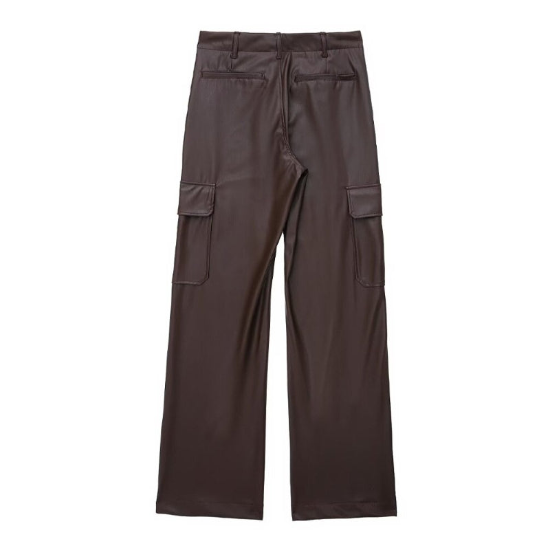 Faux Leather Vintage High Waist Cargo Pants