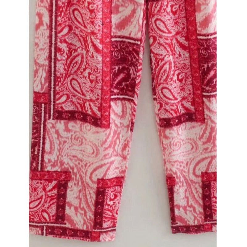 Red Printed High Waist Straight Pant