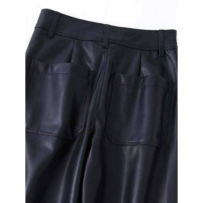 Fashion Black Patch Pockets Faux Leather Straight Pants