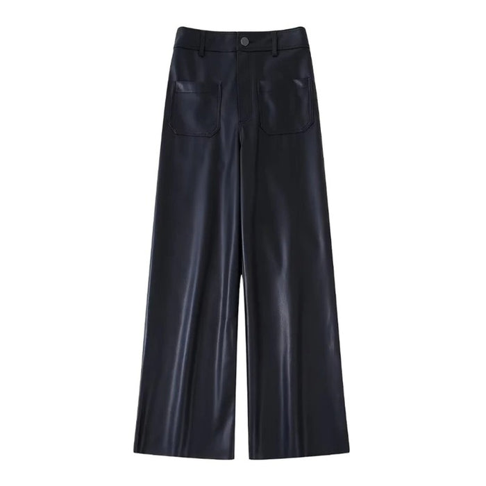 Fashion Black Patch Pockets Faux Leather Straight Pants