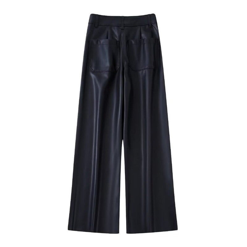 Fashion Black Patch Pockets Faux Leather Straight Pants