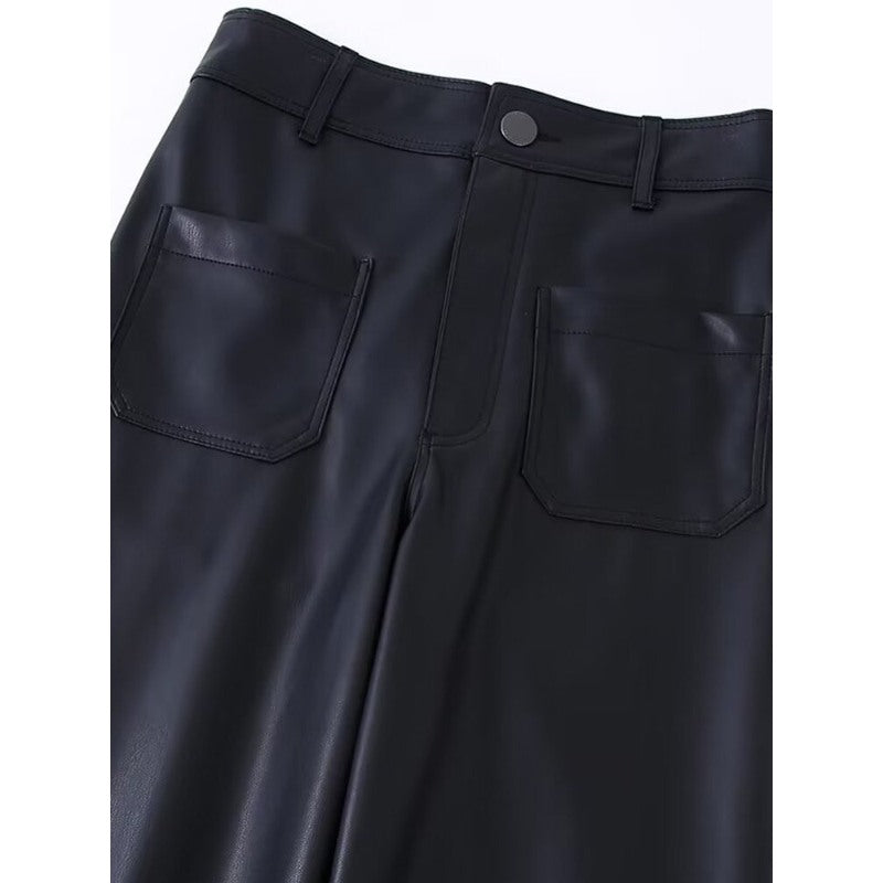 Fashion Black Patch Pockets Faux Leather Straight Pants