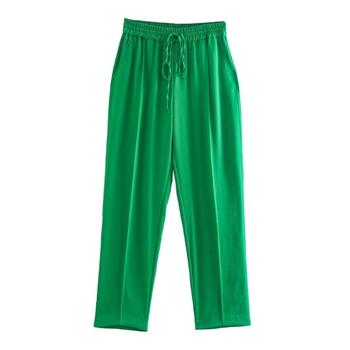 Green High Elastic Waist With Drawstring Female Pants